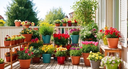 Sunny balcony filled with potted flowers background cheerful display of colorful plants and flowers creating an inviting outdoor space