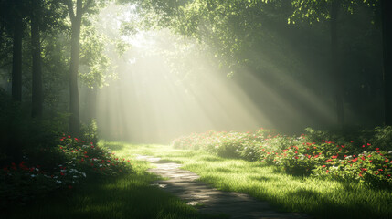 serene forest path illuminated by soft sunlight, surrounded by vibrant flowers and lush greenery, creating peaceful and enchanting atmosphere