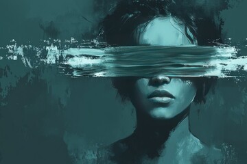 Fototapeta premium Mysterious portrait of woman with obscured eyes in cool tones