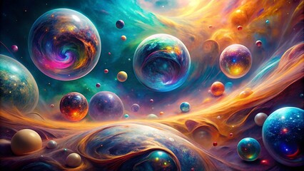 A cosmic tapestry woven with swirling nebulae, iridescent spheres, and ethereal dust, each containing a universe of its own.