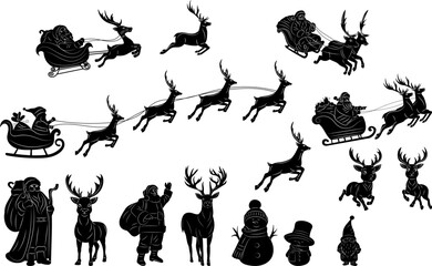 Christmas set of silhouettes, santa, deer, snowmen, vector