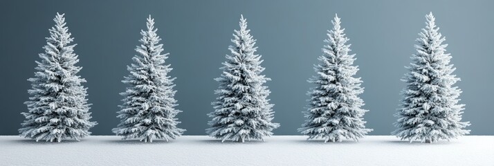Obraz premium Five Snow-Covered Pine Trees Against a Minimalist Blue Background, A Winter Wonderland Scene