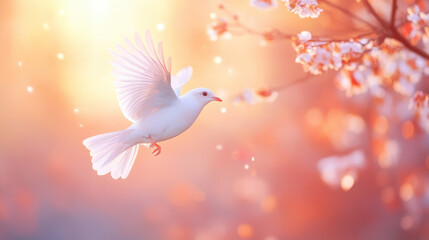 Fototapeta premium white bird gracefully flies among blooming cherry blossoms, creating serene and enchanting atmosphere. soft colors and gentle light evoke sense of peace and tranquility