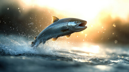 Fototapeta premium majestic fish leaps out of shimmering water, creating splash as sunlight glistens on its scales. scene captures beauty of nature and thrill of catch