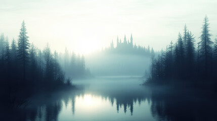 Fototapeta premium serene landscape featuring misty lake surrounded by tall evergreen trees, with distant castle silhouette emerging from fog. tranquil atmosphere evokes sense of mystery and calm