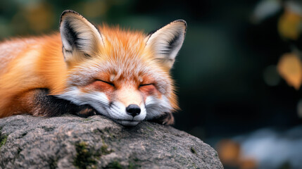 Obraz premium peaceful red fox rests on rock, showcasing its vibrant orange fur and serene expression. soft background enhances tranquil atmosphere of this beautiful moment