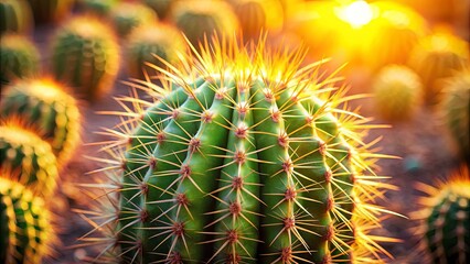 A spiky succulent basking in the golden glow of the setting sun, its sharp needles radiating outward like a protective shield.