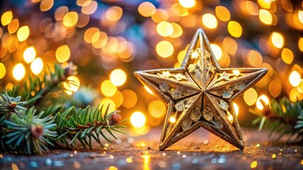 Close Up Christmas Star Snow, Bokeh Background.
