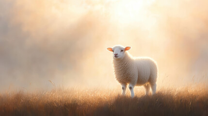 serene lamb stands in misty field, bathed in soft golden light, creating peaceful and tranquil atmosphere. gentle beauty of nature is captured in this enchanting scene