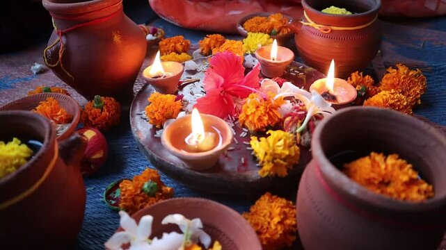 Traditional Karwa Chauth rituals, featuring Karwa Sthapana, diya lighting, and Chhat Pooja elements, symbolizing devotion, culture, and celebration of love and prosperity in Indian festivals
