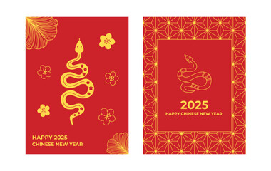 Chinese new year cards. Chinese spring festival greeting cards. 2025 year of the snake. Floral and Asian ornament. Chinese lunar new year banners.