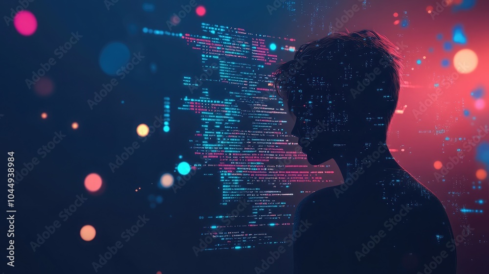 Poster artificial intelligence concept with human figure and programming code