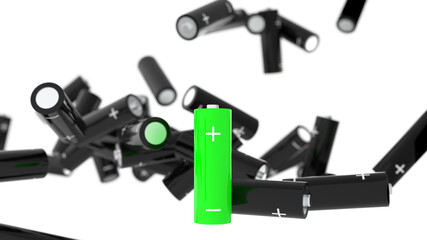 Multiple falling green batteries with depth of field.