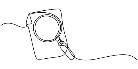 Paper document with magnifying glass one line.Office notes concept.Continuous line drawing of paper sheet document.Business analysis concept, continuous line drawing clipboard with magnifying glass.