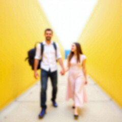 Obraz premium Couple Walking Away in Blurred Yellow Wall Background