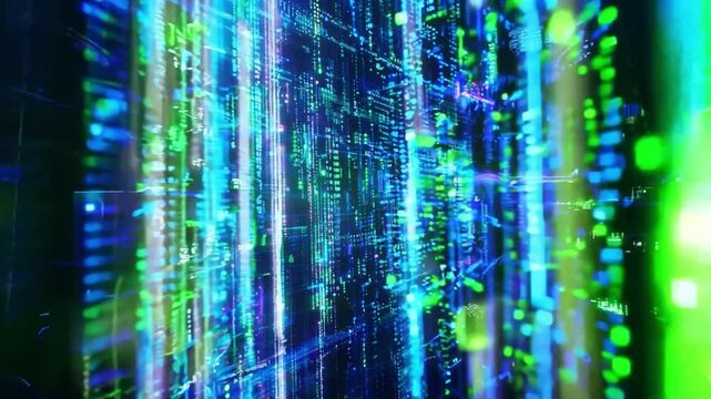 Vibrant digital data stream showcasing green and blue code cascading through a futuristic virtual environment