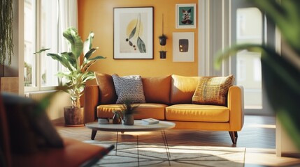 Fototapeta premium A living room with a yellow couch and a potted plant