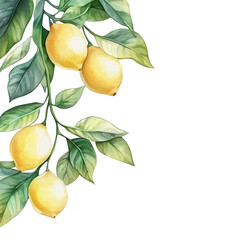 Watercolor lemons. Hand drawing ripe lemon branches with green leaves. Wreath, frame illustration.