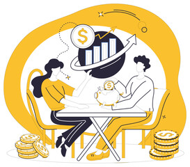 Savings account. A couple seated at a table holds a piggy bank and points to a chart symbolizing financial growth. Ideal for financial planning, investment, budgeting, money management, future