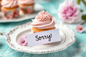 Tasty decorated cupcake with a paper card. Text "Sorry!" written on a card.