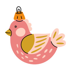 A Soviet Christmas tree toy. A pink bird with drawings, a glass toy. Cute illustration in vintage colors. Festive decorations for New Year and Christmas that can be hung on the Christmas tree