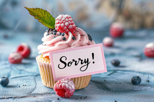 Tasty decorated cupcake with a paper card. Text "Sorry!" written on a card.