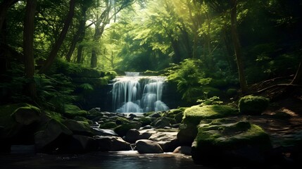Obraz premium A secluded waterfall cascades in a hidden forest glade