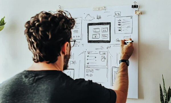 Designer brainstorming ideas on whiteboard with sketches with ai generated.
