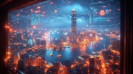 Naklejka premium A futuristic view of a cityscape at night with a digital overlay of code and data, showcasing the concept of cybersecurity and digital transformation.