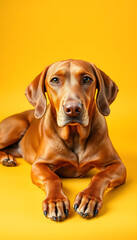 Beautiful hungarian vizsla dog full body studio portrait. Dog lying down and looking at camera over bright yellow background isolated with white highlights, png