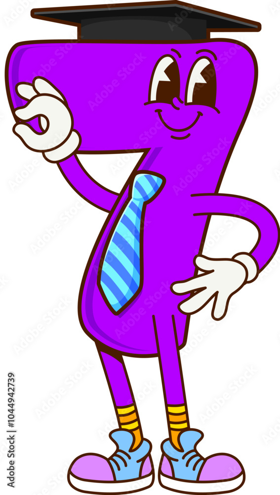 Poster cartoon math number seven groovy character in professor hat and tie showing ok sign. isolated vector