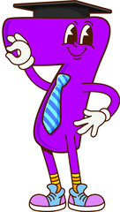 Cartoon math number seven groovy character in professor hat and tie showing ok sign. Isolated vector playful 7 digit teacher figure with mortarboard on head, teaching lesson embodies education and fun