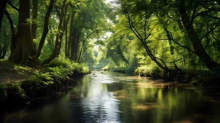 Obraz premium A serene river winds through a lush forest, reflecting the verdant canopy above.