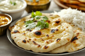 Delicious Indian Meal with Naan, Rice, and Curries on a Modern Fabric Background Generative AI
