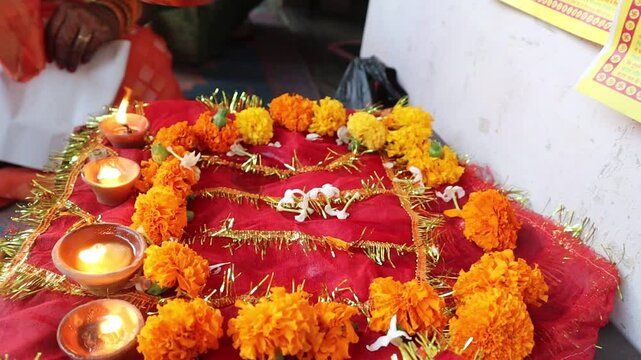 Traditional Karwa Chauth rituals, featuring Karwa Sthapana, diya lighting, and Chhat Pooja elements, symbolizing devotion, culture, and celebration of love and prosperity in Indian festivals