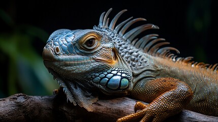 Fototapeta premium Close-up of a green iguana with a blue and orange color pattern looking to the side.
