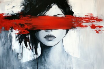 Modern abstract portrait of woman with red blindfold