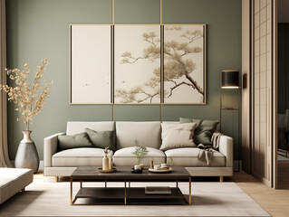 Living room interior in modern and classic styles with wooden panneling, bronze metallic accents and large artwork. Neutral and sage colors interior with wooden wall panels