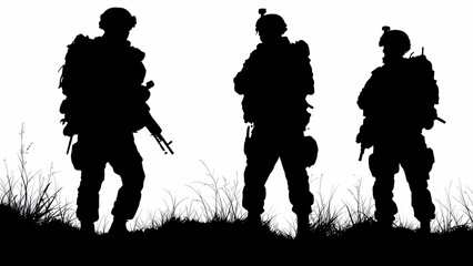 Three soldiers in silhouette stand in tall grass, facing different directions. They are armed and wearing gear. The background is a white, empty space.