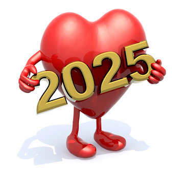 cartoon heart with arms, legs and the 3D inscription 2025