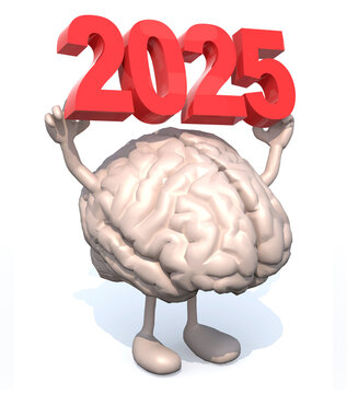brain with arms, legs and the 3D inscription 2025