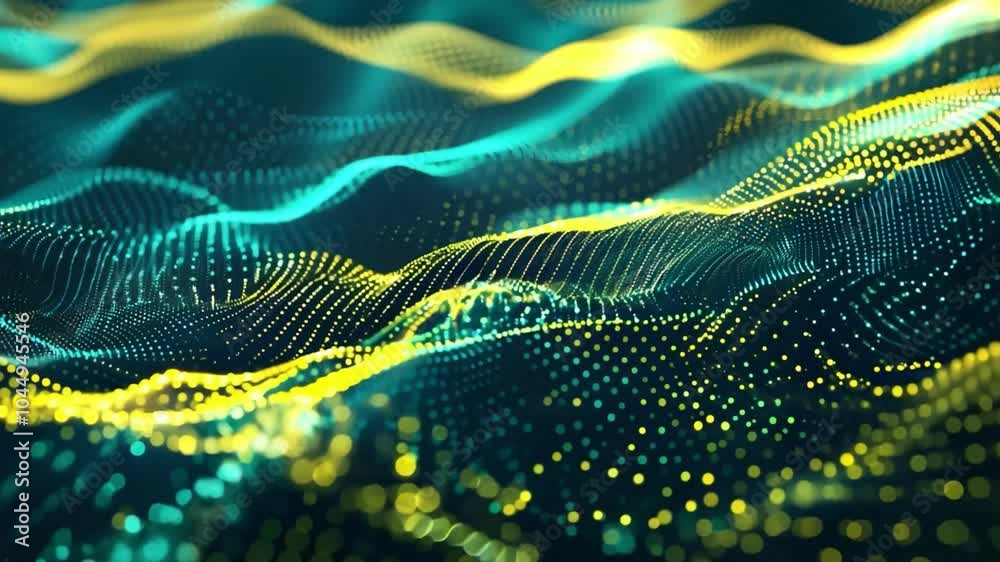 Poster vibrant digital waves and particles flowing in a dynamic pattern with neon colors in a dark backgrou