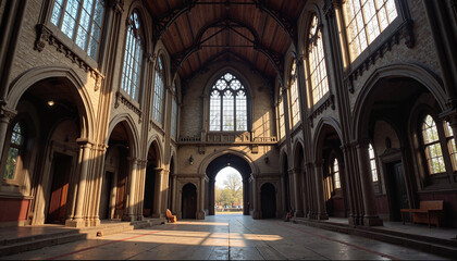 Fototapeta premium Sunlit gothic church interior with high arches and windows