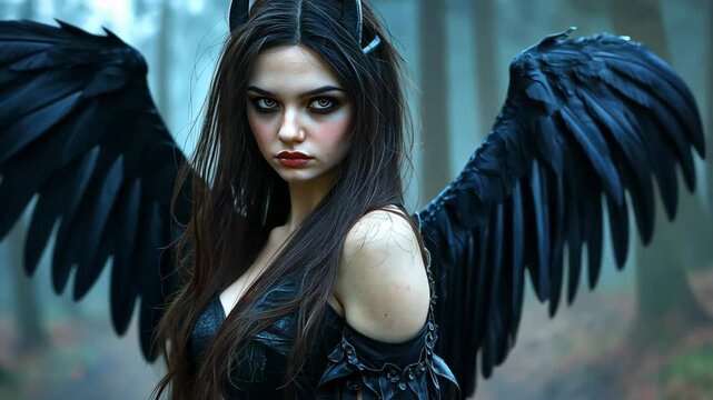 pretty devil woman with black wings at forest, 