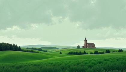 Fototapeta premium Country church on rolling green hills with cloudy sky