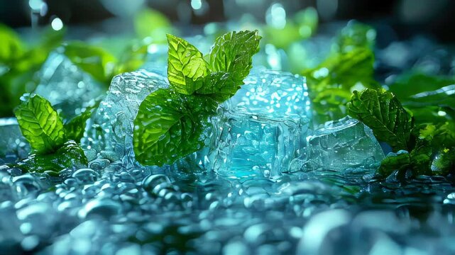 Refreshing sparkling water with ice cubes and fresh mint leaves, splashing in a glass surrounded by more ice, creating a cool and fresh ambiance