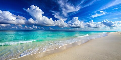 A Gentle Wave on a Pristine Shoreline Under a Sky of White Clouds and Blue Horizons