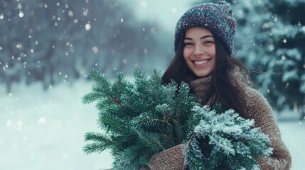 Smiling woman carrying christmas tree. Christmas tree and walking in snow winter park. Preparing for Christmas, picking, selecting, choosing Christmas tree.