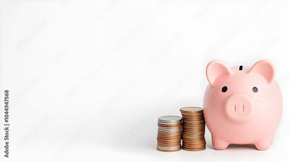 Poster Piggy Bank Beside Upwardly Growing Coin Stacks on a Minimalist White Background Symbolizing Financial Growth and Wealth Accumulation Through Consistent Savings and Investment Strategies