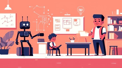 A bright and engaging scene of a child and a robot collaborating with a creative adult in a modern classroom setting